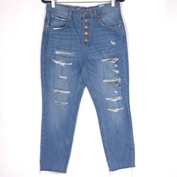 Free People Women Button Fly Exposed Distressed Straight Jeans HIGH RISE Size 29 - Picture 1 of 13